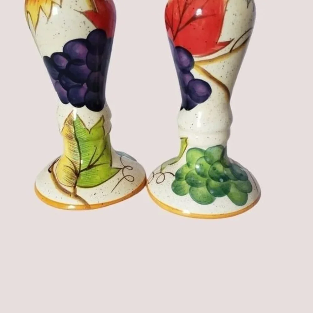 Hand painted ceramic candle holders w/ fruit  & leaf design